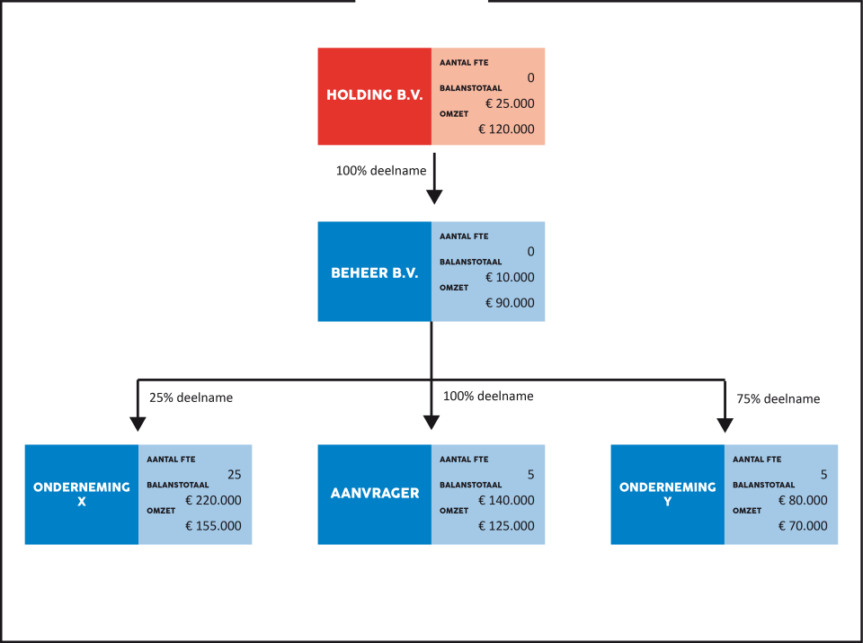 Schematische weergave van een organisatiestructuur. De structuur bestaat uit een bovenliggende holding met daaronder 4 B.V.'s. Per B.V. staat het aantal FTE, Balanstotaal en omzet genoteerd.